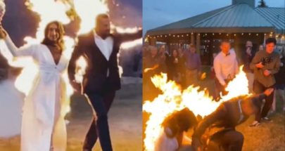 عروسان يضرمان النار بأنفسهما خلال حفل زفافهما image